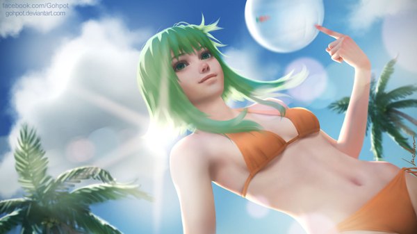 Anime picture 1920x1080 with vocaloid gumi gohpot single highres short hair light erotic wide image green eyes signed payot looking away sky cloud (clouds) green hair sunlight realistic from below beach lens flare