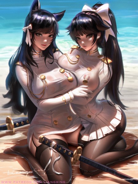 Anime picture 900x1200 with azur lane atago (azur lane) takao (azur lane) atago (midsummer march) (azur lane) takao (beach rhapsody) (azur lane) liang xing long hair tall image looking at viewer blush fringe breasts light erotic black hair large breasts sitting multiple girls brown eyes signed animal ears