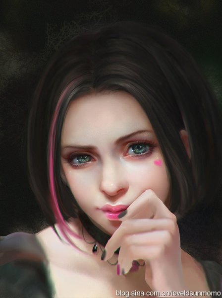Anime picture 800x1071 with sunmomo single tall image black hair green eyes nail polish profile multicolored hair realistic streaked hair lipstick portrait hand to mouth makeup girl choker heart
