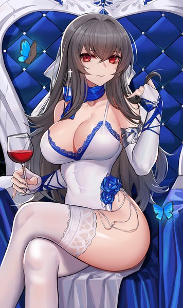 Anime picture 2491x4200 with azur lane saint-louis (azur lane) saint-louis (brilliant paladin) (azur lane) eternity (shadeh) single long hair tall image looking at viewer fringe highres breasts light erotic smile hair between eyes red eyes large breasts sitting holding grey hair mole