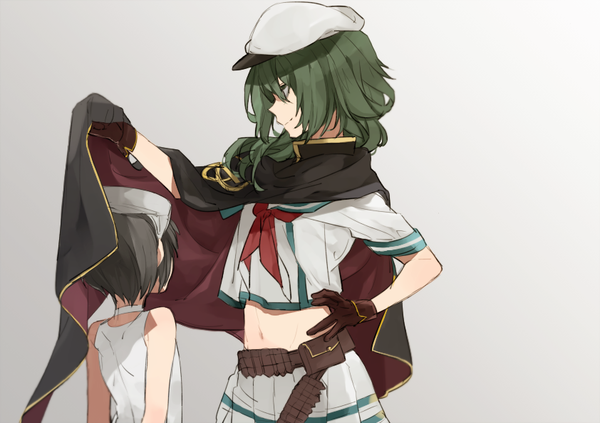 Anime picture 842x595 with kantai collection kiso light cruiser maruyu submergence transport vehicle hita (hitapita) long hair short hair simple background smile brown hair multiple girls profile green hair grey background bare belly hand on hip hands behind back girl gloves navel uniform