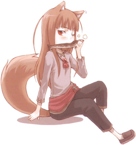 Anime picture 2233x2372 with spice and wolf horo long hair tall image highres red eyes white background sitting one eye closed wink scan wolf ears wolf tail wolf girl girl fish (fishes)