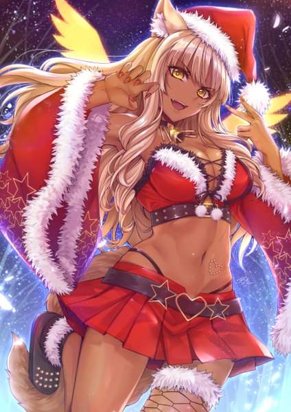 Anime picture 3507x4960 with fate (series) fate/grand order suzuka gozen (fate) suzuka gozen (santa) (fate) gu li single long hair tall image looking at viewer fringe highres breasts open mouth light erotic blonde hair smile large breasts bare shoulders animal ears yellow eyes