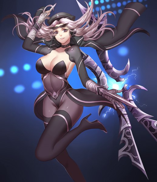 Anime picture 1303x1512 with league of legends irelia (league of legends) gu-ko citemer single long hair tall image breasts light erotic large breasts cleavage bent knee (knees) grey hair black eyes girl thighhighs navel weapon black thighhighs glasses bandage (bandages)
