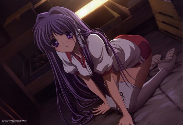 Anime picture 5951x4090 with clannad key (studio) fujibayashi kyou ikeda kazumi single long hair looking at viewer blush highres purple eyes purple hair indoors scan on all fours gym storeroom girl thighhighs uniform white thighhighs gym uniform