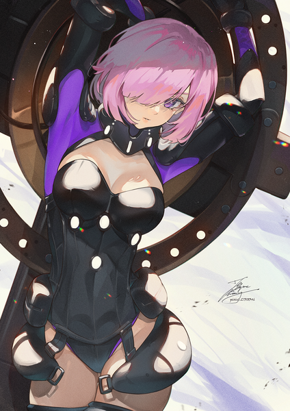 Anime picture 1061x1500 with fate (series) fate/grand order mash kyrielight fadingz single tall image looking at viewer fringe short hair breasts light erotic standing purple eyes signed pink hair cleavage parted lips hair over one eye arms up girl