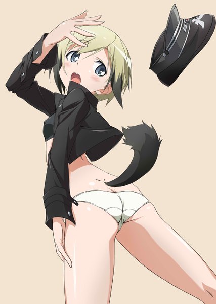 Anime-Bild 1000x1406 mit strike witches erica hartmann magu (artist) single tall image blush short hair open mouth blue eyes light erotic simple background blonde hair tail looking back multicolored hair wind from behind two-tone hair dog tail girl