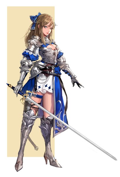 Anime picture 1100x1617 with original majo single long hair tall image looking at viewer simple background blonde hair standing white background green eyes full body high heels half updo brown background knight girl weapon sword armor
