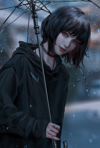 Anime picture 4751x7000 with original nike nixeu single tall image looking at viewer fringe highres short hair black hair smile red eyes standing holding absurdres blunt bangs long sleeves head tilt lips blurry