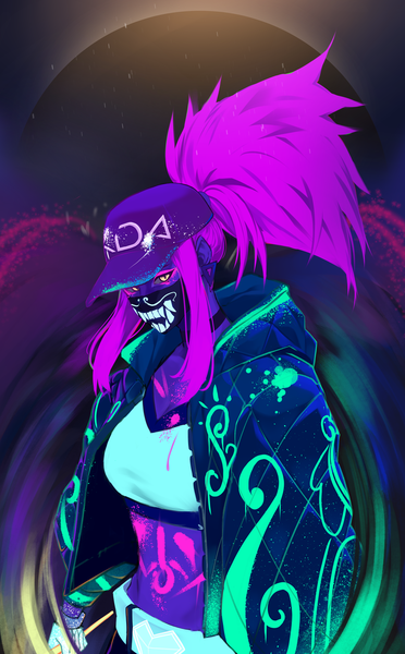 Anime picture 3102x5000 with league of legends k/da (league of legends) akali (league of legends) k/da akali llecrepyh single long hair tall image looking at viewer highres standing yellow eyes payot pink hair absurdres upper body ponytail open jacket midriff ultraviolet light