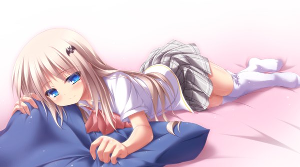 Anime picture 5979x3344 with little busters! key (studio) noumi kudryavka mizunoe kotaru long hair highres blue eyes wide image absurdres white hair girl thighhighs skirt hair ornament miniskirt shirt white thighhighs pillow