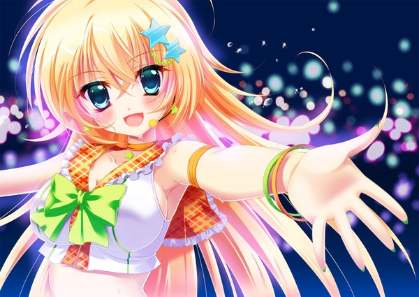 Anime picture 1800x1277 with original pon (ichi rin) single long hair looking at viewer blush highres open mouth blue eyes blonde hair girl dress hair ornament bracelet microphone star hair ornament