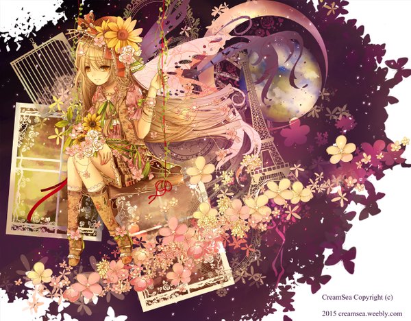 Anime picture 1280x1000 with original creamsea long hair blonde hair yellow eyes girl dress flower (flowers) plant (plants) hat tower swing eiffel tower