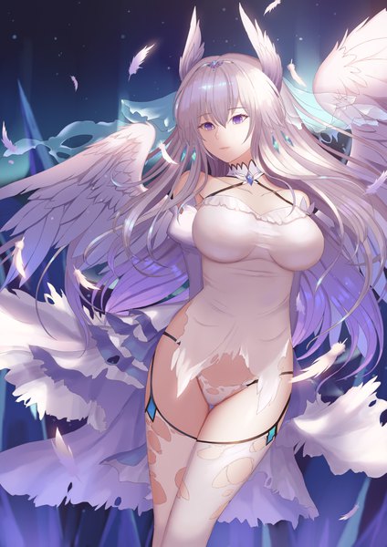 Anime picture 2894x4093 with original rinmmo single long hair tall image fringe highres breasts light erotic hair between eyes large breasts standing purple eyes bare shoulders looking away silver hair lips night night sky torn clothes