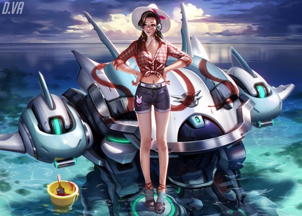 Anime picture 2000x1430 with overwatch blizzard entertainment d.va (overwatch) meka (overwatch) cruiser d.va liang xing single long hair highres light erotic brown hair standing signed looking away sky cloud (clouds) full body lips black eyes realistic