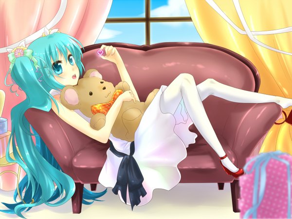 Anime picture 1536x1152 with vocaloid hatsune miku long hair open mouth twintails aqua eyes aqua hair girl dress heart curtains toy stuffed animal couch teddy bear