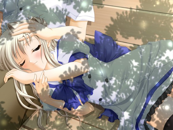 Anime picture 1024x768 with aozora no mieru oka hayami iori long hair blush white hair lying eyes closed sleeping girl uniform bow school uniform