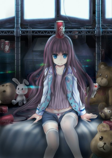 Anime picture 2480x3507 with kamisama no memochou dr pepper shionji yuuko (alice) long hair tall image highres blue eyes black hair product placement girl thighhighs white thighhighs shorts toy stuffed animal teddy bear bunny monitor