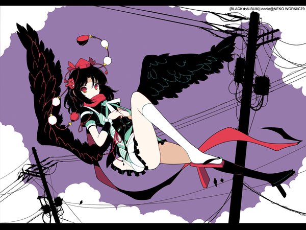 Anime picture 1600x1200 with touhou shameimaru aya ideolo single looking at viewer short hair black hair red eyes signed sky cloud (clouds) alternate costume letterboxed flying black wings mask on head girl animal socks bird (birds)