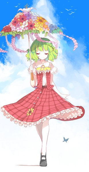 Anime picture 850x1642 with touhou kazami yuuka hillly (maiwetea) single tall image short hair smile sky cloud (clouds) eyes closed green hair wind girl dress skirt flower (flowers) animal pantyhose bird (birds) insect