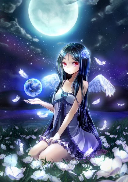 Anime picture 945x1350 with original shironeko yuuki single long hair tall image red eyes blue hair cloud (clouds) night night sky girl dress flower (flowers) wings feather (feathers) sundress planet earth