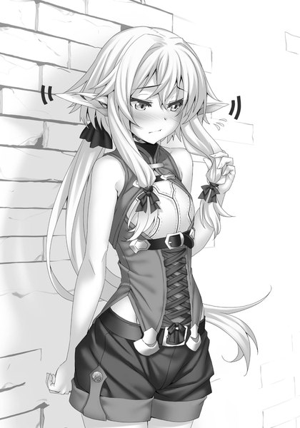 Anime picture 1434x2048 with goblin slayer! high elf archer (goblin slayer!) kannatsuki noboru single long hair tall image blush fringe breasts hair between eyes standing bare shoulders payot ponytail pointy ears outstretched arm adjusting hair looking down monochrome elf