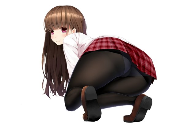 Anime picture 1500x1024 with original uttt single long hair blush light erotic smile brown hair white background purple eyes pantyshot girl skirt underwear panties shirt pantyhose