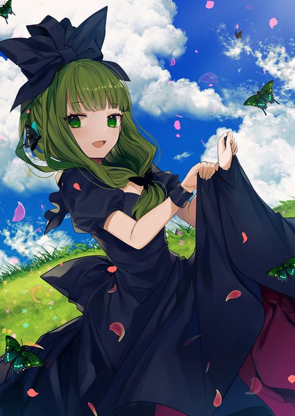 Anime picture 800x1130 with touhou kagiyama hina renkarua single long hair tall image looking at viewer fringe open mouth green eyes sky cloud (clouds) outdoors blunt bangs :d green hair alternate color girl dress bow
