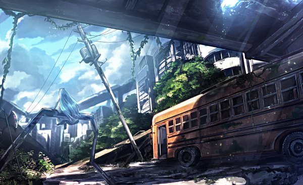 Anime picture 1200x732 with original haru (ryosios) ryosios single long hair wide image sitting blue hair looking away sky cloud (clouds) from behind sunlight city ruins post-apocalyptic girl dress plant (plants) white dress