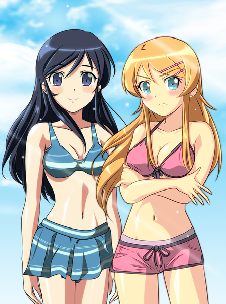 Anime picture 1562x2096 with ore no imouto ga konna ni kawaii wake ga nai kousaka kirino aragaki ayase gentoku long hair tall image blush blue eyes black hair blonde hair purple eyes multiple girls girl skirt 2 girls swimsuit miniskirt bikini shorts