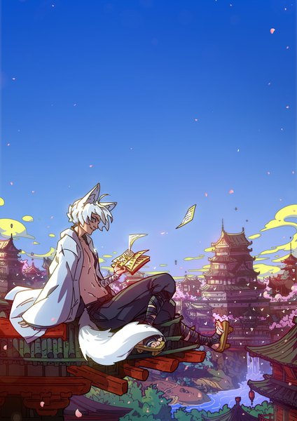 Anime picture 900x1273 with original alistair van blansh kate-fox single tall image short hair smile sitting signed animal ears sky silver hair bent knee (knees) tail head tilt animal tail profile wind open clothes fox ears