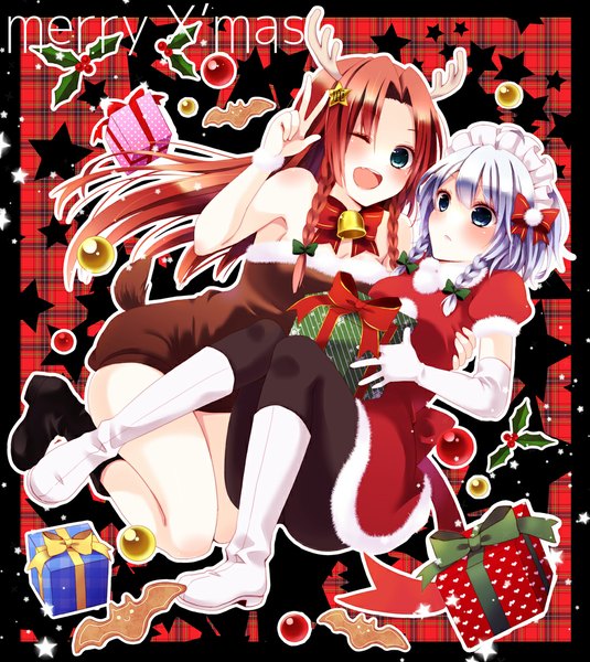 Anime picture 1000x1120 with touhou izayoi sakuya hong meiling chitose (usacan) long hair tall image short hair blue eyes multiple girls white hair red hair braid (braids) one eye closed wink twin braids christmas merry christmas girl dress bow