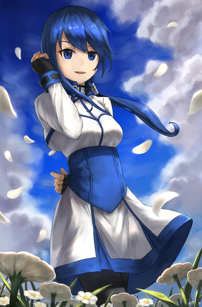 Anime picture 1164x1762 with hai to gensou no grimgar a-1 pictures merry (grimgar) doratama123 single long hair tall image fringe blue eyes smile standing blue hair sky cloud (clouds) outdoors long sleeves wind adjusting hair low ponytail arm behind back