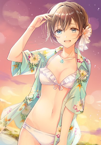 Anime picture 1202x1729 with original mono lith single tall image looking at viewer blush fringe short hair breasts open mouth blue eyes light erotic smile hair between eyes brown hair standing sky cleavage cloud (clouds) :d