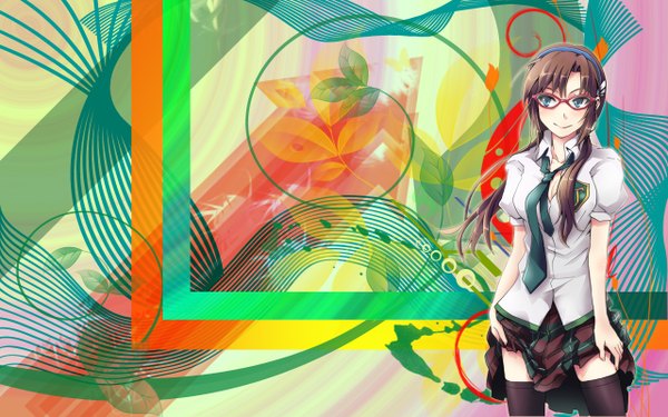 Anime picture 1280x800 with neon genesis evangelion gainax makinami mari illustrious smile brown hair wide image skirt lift abstract girl thighhighs skirt miniskirt glasses necktie hairband