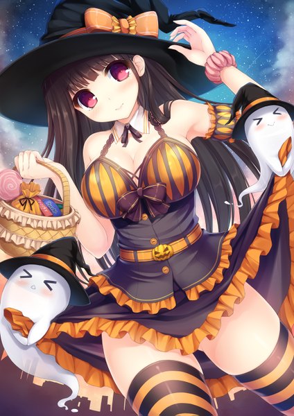 Anime picture 1000x1415 with original taiki ken single long hair tall image looking at viewer light erotic black hair red eyes halloween ghost witch girl thighhighs dress hat witch hat striped thighhighs