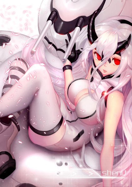 Anime picture 1480x2093 with kantai collection heavy cruiser hime shenq single tall image looking at viewer fringe breasts light erotic hair between eyes red eyes large breasts sitting bare shoulders signed payot pink hair bent knee (knees) white hair very long hair