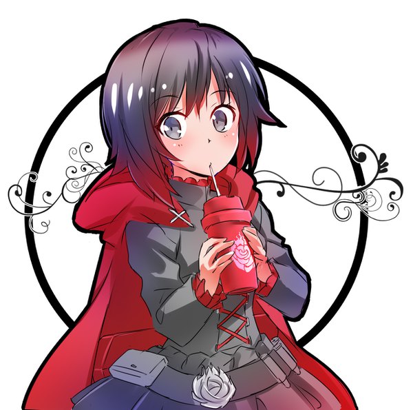 Anime picture 1280x1271 with rwby rooster teeth ruby rose iesupa single looking at viewer fringe short hair black hair simple background white background upper body long sleeves gradient background silver eyes lolita fashion drinking outline girl dress