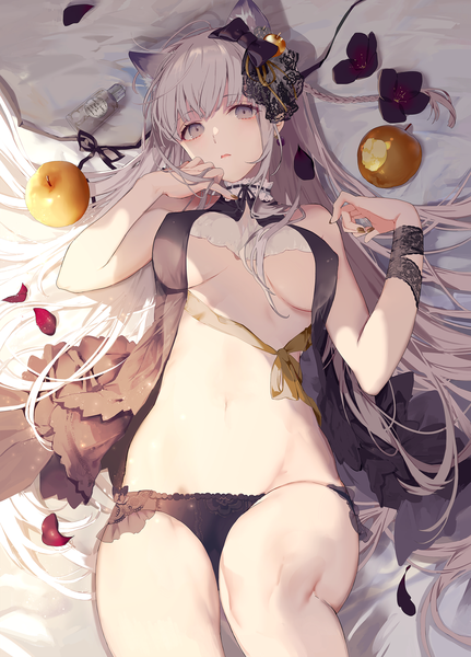 Anime picture 1796x2500 with original yukisame single long hair tall image looking at viewer blush fringe highres breasts open mouth light erotic large breasts bare shoulders animal ears lying braid (braids) nail polish fingernails grey hair