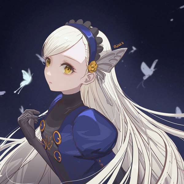 Anime picture 1280x1280 with persona 5 persona lavenza (persona 5) vafar7 single long hair looking at viewer fringe simple background blonde hair yellow eyes upper body puffy sleeves dated girl gloves hair ornament black gloves elbow gloves insect