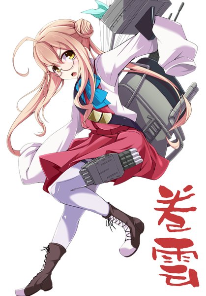 Anime picture 2299x3295 with kantai collection makigumo destroyer kichihachi single long hair tall image looking at viewer highres open mouth blonde hair yellow eyes full body girl dress weapon glasses boots