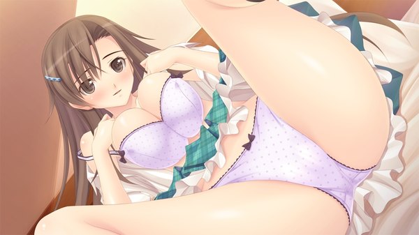 Anime picture 1024x576 with tsugou no ii kazoku fusataka shikibu long hair blush breasts light erotic black hair wide image large breasts game cg black eyes girl dress underwear panties lingerie bra purple panties purple bra polka dot panties