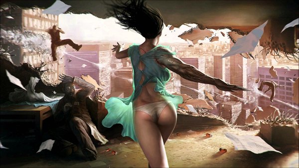 Anime picture 1920x1080 with original randis (artist) long hair highres light erotic black hair wide image ass wind from behind back city scar cityscape destruction girl boy building (buildings) paper