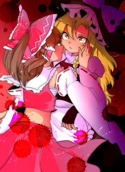 Anime picture 800x1100 with touhou hakurei reimu kirisame marisa rosette (roze-ko) long hair tall image short hair blonde hair multiple girls yellow eyes ponytail braid (braids) traditional clothes parted lips japanese clothes wide sleeves grey eyes side braid shoujo ai miko