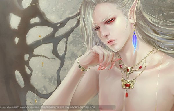 Anime picture 1600x1020 with mang (artist) single long hair blonde hair red eyes signed nipples one eye closed fingernails pointy ears wink realistic inscription topless elf long fingernails boy earrings bracelet jewelry