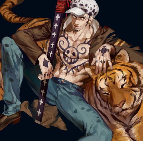 Anime picture 1000x987 with one piece toei animation trafalgar law emg (christain) single looking at viewer light erotic simple background sitting yellow eyes fingernails open clothes open jacket tattoo black background muscle boy weapon earrings animal
