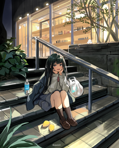 Anime picture 4000x5000 with original akamoku single long hair tall image looking at viewer highres open mouth black hair sitting absurdres full body outdoors :d clothes on shoulders head rest girl uniform school uniform socks