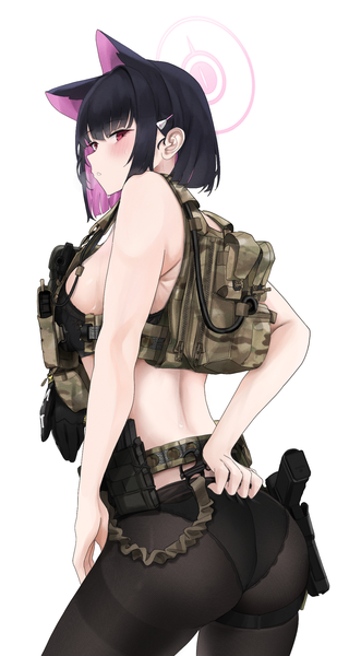 Anime picture 1060x2055 with blue archive kazusa (blue archive) fte (fifteen 199) single tall image looking at viewer blush fringe short hair breasts light erotic black hair simple background red eyes large breasts standing white background animal ears ass blunt bangs