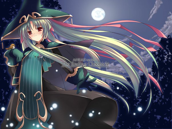 Anime picture 1024x768 with owari no chronicle shimakaze long hair red eyes multicolored hair night two-tone hair witch gloves ribbon (ribbons) hair ribbon animal bird (birds) moon