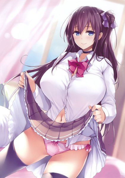 Anime picture 1824x2600 with original goban single long hair tall image looking at viewer fringe highres breasts blue eyes light erotic smile hair between eyes large breasts standing holding purple hair pleated skirt hair bun (hair buns) thighs